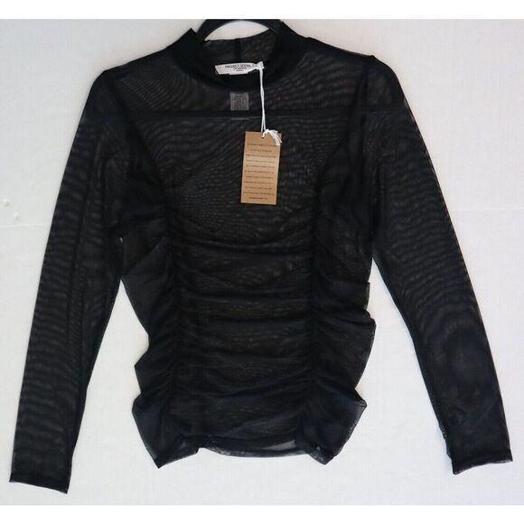 Project Social T 9694-MV Women's Sz M Black Just Float Sheer Mesh Ruched L/S Top - Picture 6 of 9